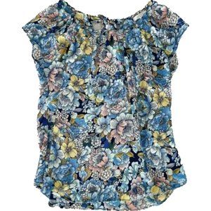 LC Lauren Conrad Blue Floral Blouse Short Sleeve Scoop Neck Top L